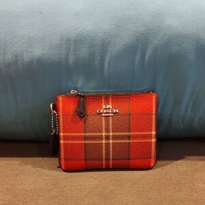 Coach Red and Brown Plaid Coin Pouch